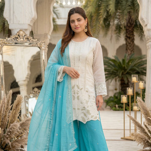 Ensemble Salwar Kameez pour femme en mousseline de soie tissée et brodée, avec pantalon palazzo en georgette et dupatta, idéal pour les fêtes et les mariages - Product Image 1