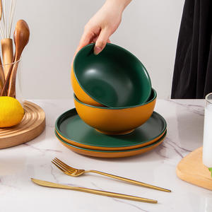 Service de vaisselle en céramique de Chaozhou, vert à l'intérieur et jaune à l'extérieur, assiettes et bols réutilisables pour usage domestique - Product Image 2