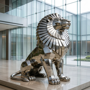 Grande sculpture géométrique de lion en acier inoxydable, poli miroir, statue d'art animalier pour la décoration extérieure de jardins et de places publiques - Product Image 2