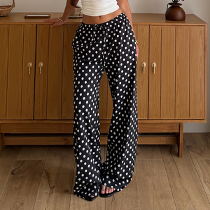 Pantalon long décontracté style plage d'été, coupe droite, taille mi-haute, respirant, avec cordon de serrage et blocs de couleur à pois - Product Image 5