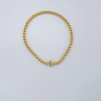 Bracciale Elastico Minimalista con Perle Rotonde Lucidate e Diamanti Coltivati in Laboratorio in Oro Giallo 18K, Gioielli Raffinati per Donne