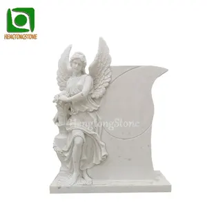 Lápide de mármore branco para cemitério Estátua de Anjo com Asas de Abertura