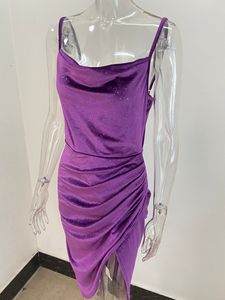 Abiti da Donna Taglie Forti, Sexy Mini Abito in Velluto con Schiena Scoperta, Tinta Unita, Glitterato, con Spacco e <span class=keywords><strong>Spalline</strong></span> Arricciate - Product Image 5