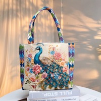 Sac fourre-tout en toile style ethnique à motif diamant, broderie jacquard double face à fil doré, fermeture éclair traditionnelle à bandoulière unique