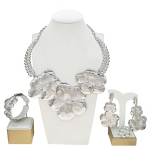Silver-Tone Textured Flower Jewelry <strong>Chunky</strong> Chain Necklace Bracelet Earrings Ring Statement Jewelry for African Fashion &amp; Events - Product Image 2