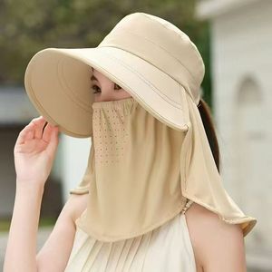 Sombrero de sol de seda helada de verano con cubre rostro y protector de cuello UPF 50 para mujer, ala ancha, color liso: caqui, blanco roto, rosa, negro, gris - Product Image 1