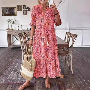 <span class=keywords><strong>Vestidos</strong></span> Largos Casuales de Verano con Estampado Floral de Canal 2026 para Mujer, Corte Holgado, Cuello en V, Media Manga, Estilo Bohemio, Vestido Fluido para Vacaciones - Product Image 2