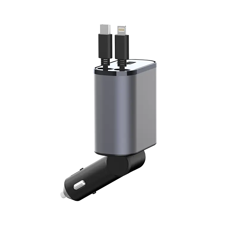 Ports de charge multiples Chargeur de voiture rétractable USB C rapide Chargeur de voiture 4-en-1 à affichage numérique LED avec double câble rétractable