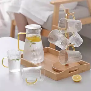 Jarra de agua Vertical para uso doméstico, tetera de hielo, té, jarra de vidrio con tapón y Juego de 4 tazas, barata