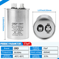Condensateur à film cylindrique certifié CRD CBB65 15F 450V avec boîtier en aluminium pour pompe de machine à laver, moteur de machine de nettoyage