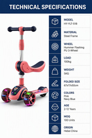 Trottinette 3-en-1 pour enfants avec siège, musique et roues lumineuses LED, pliable et réglable en hauteur, 2-12 ans, vente en gros