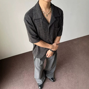 เสื้อเชิ้ตแขนสั้นสีน้ำตาลเทาผู้ชายฤดูร้อนทรงหลวมคิวบาคอปกโปโลท็อป - Product Image 3