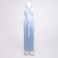 Robe de soirée fluide bleu clair à franges pour femme, robe maxi sexy en maille transparente, élégante, sans manches, longue, à franges, plissée, pour soirée formelle