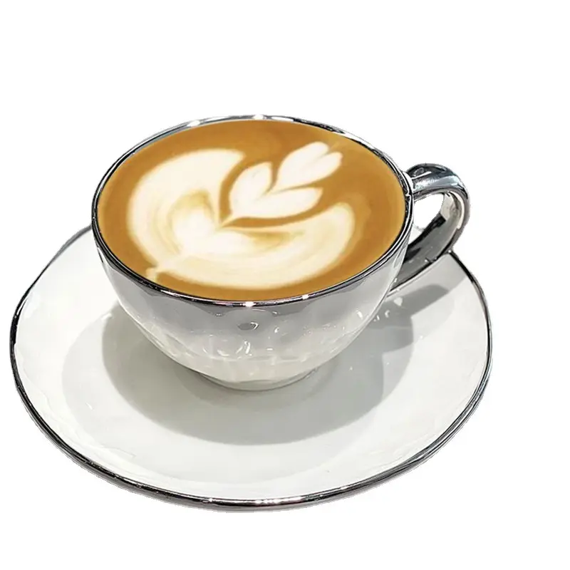 Tasses à expresso cappuccino à bordure argentée personnalisées, tasses à thé et soucoupes en porcelaine en céramique, ensembles tasse à café et à thé avec soucoupe