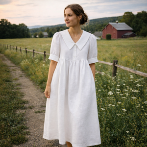 Fournisseur de haute qualité de vêtements pour femmes sur mesure : une robe décontractée en lin blanc avec un <span class=keywords><strong>col</strong></span> <span class=keywords><strong>marin</strong></span> pour femmes élégantes - Product Image 2