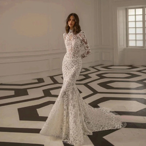 LY-WD0017 abiti da <span class=keywords><strong>sposa</strong></span> a maniche lunghe gonna a coda di pesce in pizzo pizzo a collo alto spazzola coda <span class=keywords><strong>Sexy</strong></span> elegante per le spose taglie forti - Product Image 1