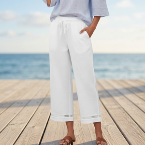 Culottes de Algodón Blancos para Mujer, Cintura Alta con Cordón, Holgados, Largura hasta la Pantorrilla, Casuales de Verano con Detalle Calado - Product Image 3