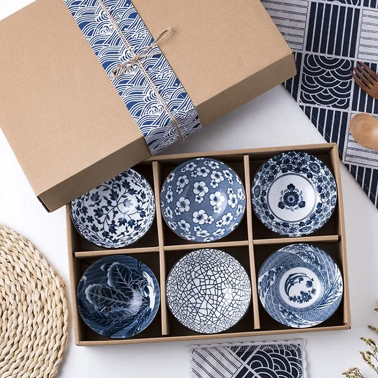 Bols ménagers créatifs en porcelaine, de Style japonais, boîte-cadeau en porcelaine de bleu et blanc, ensemble de vaisselle en céramique, cadeau à offrir