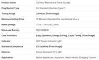 Minuteur mécanique 24 heures avec prise UE 16A 230V, programmable, économie d'énergie, prise de temporisation certifiée CE pour appareils électroménagers