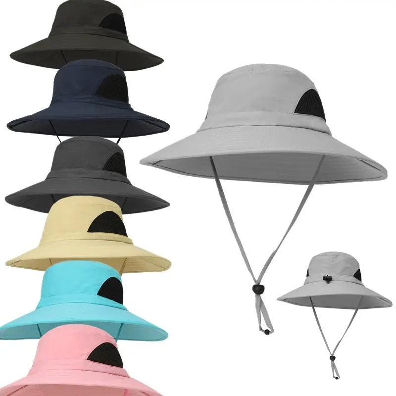 Dongkuan หมวกกันแดด,หมวกบักเก็ตมีสายไนลอนปีกกว้างหมวกชาวประมงแบบพับได้ระบายความร้อน