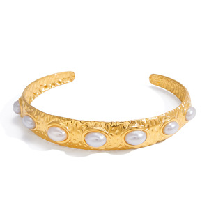 Bracelet ouvert en perles, or 18 carats, acier inoxydable, finition martelée, large, serti de pierres ovales, bijoux pour femmes à porter au quotidien - Product Image 5