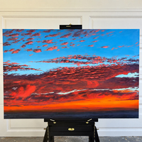 Grande peinture à l'huile abstraite, ciel rouge coucher de soleil, nuages cramoisies, horizon bleu orange, peinture sur toile peinte à la main, art mural