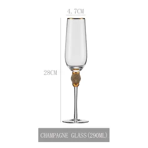 Luxury Elegant Gold Rimmed Diamond Champagne Flutes Glasses Crystal Glass Goblet For Wedding Party Gift Set