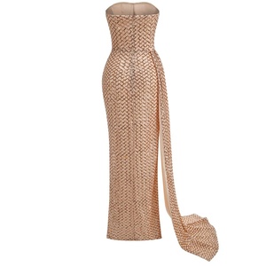 Новое женское вечернее платье премиум-класса с боковыми швами и лентами, сексуальное, цвета шампань, без бретелек, с жемчугом, на косточках, в пол, длинное. - Product Image 2