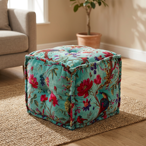 Pouf Ottoman Traditionnel pour la Maison, en Velours Imprimé Écologique Motif Oiseau, Pouf Cube en Coton, Meuble Décoratif pour Salon, Vente en Gros - Product Image 3
