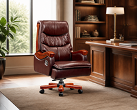 Chaise de bureau de direction à dossier haut marron avec accoudoirs en bois et base pivotante à cinq branches en bois