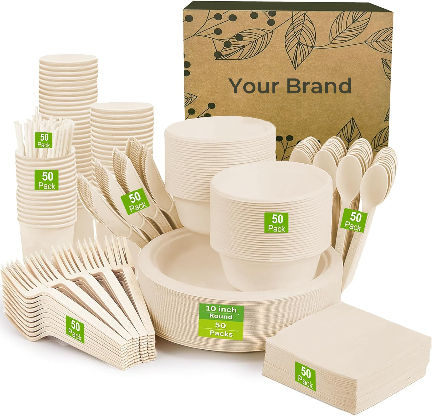 Heavy-Duty 400 PCS Eco-Friendly Compostable Waterproof Disposable Luxury Party Supplies 10 Inch 20 oz Paper Plates Bowls Forks