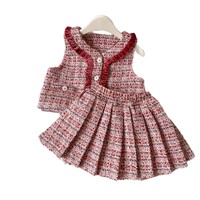 Ensemble jupe et gilet en tweed pour enfants, col à volants, sans manches, décontracté, pour les fêtes, tous les jours, vêtements pour filles