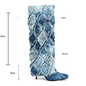 Women Denim Overlay Knee High Boots High Thin Heels Shoes New Design Boot-cut Jeans Stiletto Square Toe <b>Long</b> Booties Size 44 - Product Image 6