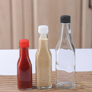 Bouteille en verre transparente de haute qualité pour sauce chili, salade ou sauce piquante, vide, 100ml, 150ml, 250ml, avec couvercle noir ou rouge et <span class=keywords><strong>film</strong></span> rétractable - Product Image 5