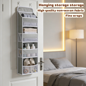 Gray Over the Door Hanging Organizer, 6-Tier Storage Bag with Reinforced <b>Hooks</b> and Mesh Pockets for Home Organization - Product Image 1