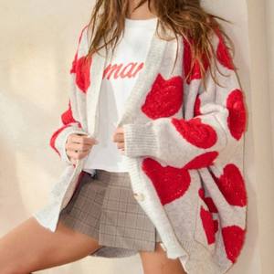 Kustom grosir musim gugur wanita Formal modis bordir bersirkulasi hati leher V rajutan sweter kardigan Pullover ukuran besar - Product Image 5