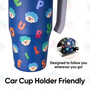 Gobelet isotherme en acier inoxydable à motif dessin animé avec poignée, couvercle à bouton-poussoir, paille en silicone, compatible porte-gobelet de voiture, tasse de voyage sous vide - Product Image 3