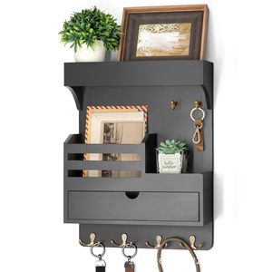 Wall Mounted Storage Rack With Drawer And <b>Hooks</b> For Keys Mail Plant Display Entryway Organizer Rectangle 3 Layers - Product Image 1