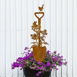 MH MH0001 Décoration de jardin <span class=keywords><strong>en</strong></span> <span class=keywords><strong>fer</strong></span> <span class=keywords><strong>rouillé</strong></span> marron avec fleur de lys et oiseau, style pelle, simplicité moderne, pour jardin, pelouse, pot de <span class=keywords><strong>fleurs</strong></span>, insertion au sol - Product Image 4