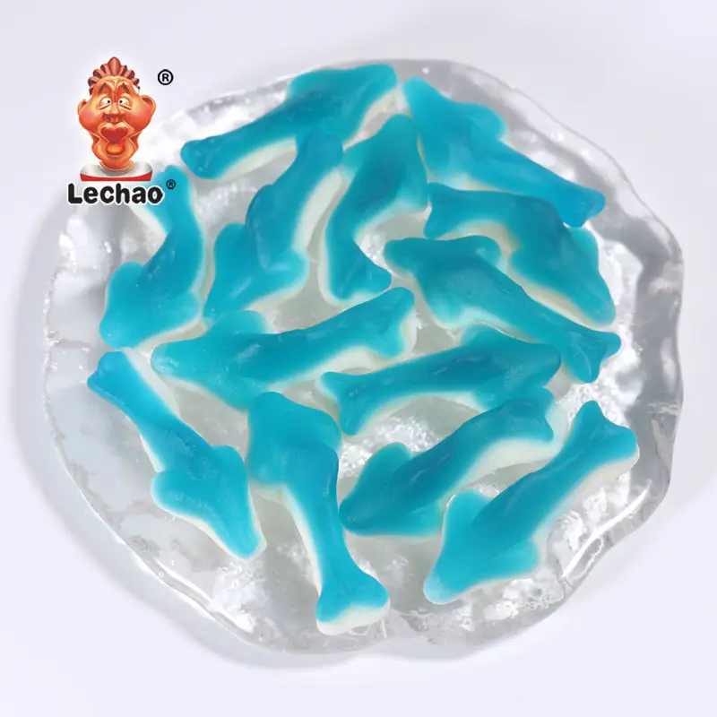 Fabricante de dulces al por mayor de sabor a jugo afrutado Dolphin Gummies Kosher Blue Gummy Sharks Bulk Candy Sweets