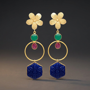 Nouvelles boucles d'oreilles pendantes ethniques en onyx vert et rubis avec motif floral - Product Image 3
