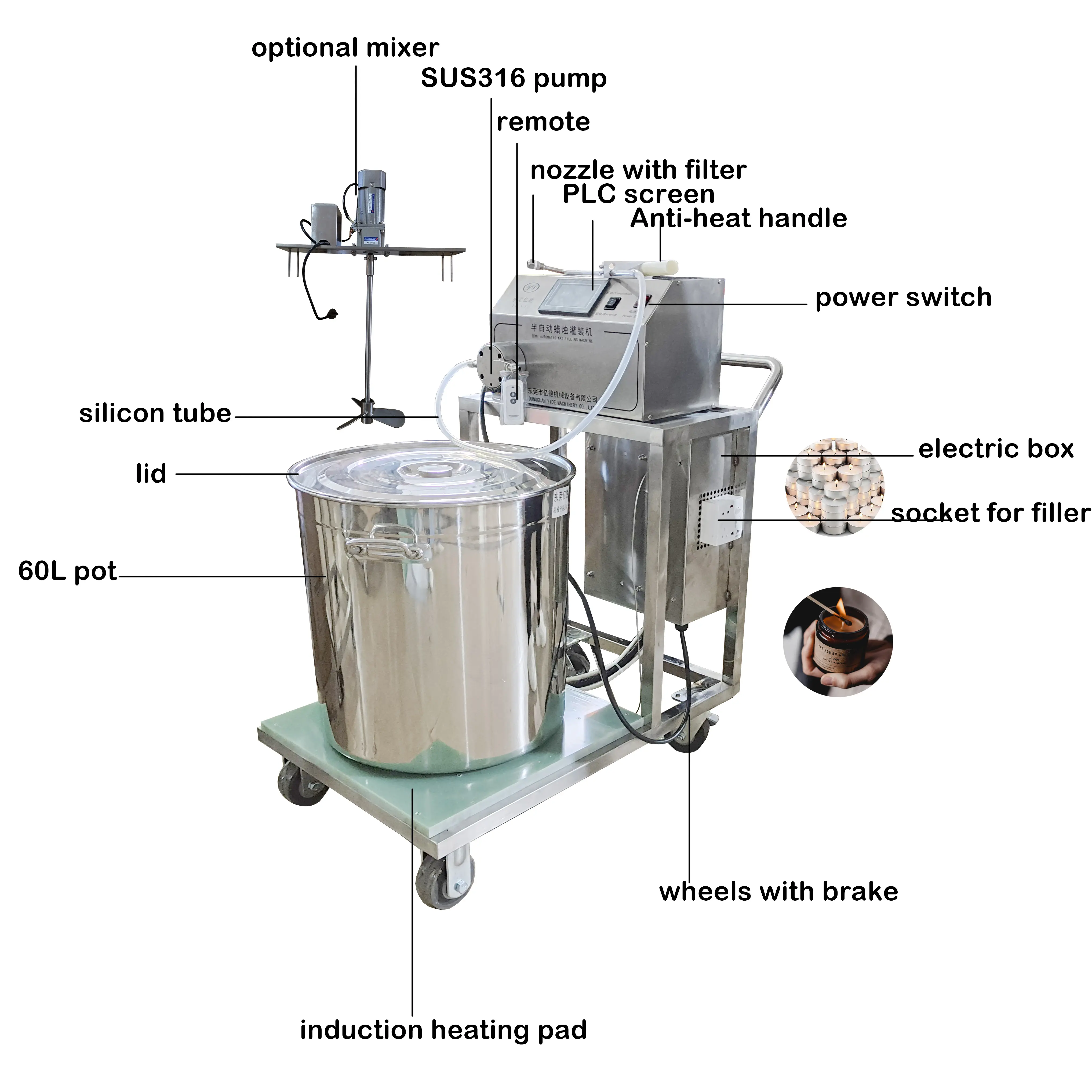 1 명의 사람은 온도 전시 파라핀 따르는 채우는 장비 yide를 가진 초 기계장치 간장 왁스 Melter 기계를 운영합니다