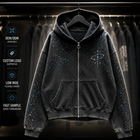 Sweat-shirt à capuche zippé personnalisé avec logo OEM, strass, effet vintage délavé, motif étoile, streetwear, délavé à l'acide pour homme