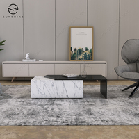 Meuble TV convertible et table basse en pierre blanche de style nordique, mobilier de salon minimaliste de style farmhouse en bois de manguier, marque OEM