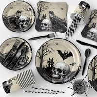 Ensemble de vaisselle jetable en bois Joyeux Anniversaire, design moderne tête de mort noire, vaisselle de fête très vendue, assiettes, gobelets, serviettes