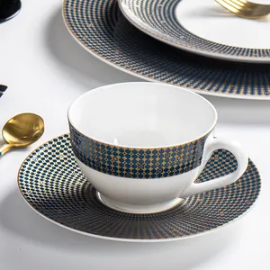 Shengjing Luxury High End Bone China Ceramic Cup Saucer Set Blue Gold Rim for Wedding and Star Hotel Use Designed in Phnom Penh