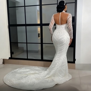 <span class=keywords><strong>Robe</strong></span> de mariée personnalisée, nouveau style, de luxe, africaine, grande taille, en dentelle, à manches longues, avec sequins et traîne <span class=keywords><strong>longue</strong></span> détachable - Product Image 3
