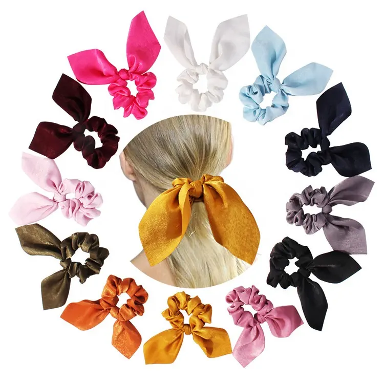 Grosir Pita Panjang Desain Baru Warna Solid Berbeda Beledu Busur Rambut Scrunchies untuk Wanita Karet Gelang Scrunchies Rambut