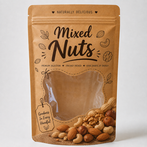 Sachet d'emballage pour noix, personnalisé, en papier kraft, avec fenêtre transparente, refermable, qualité alimentaire - Product Image 1