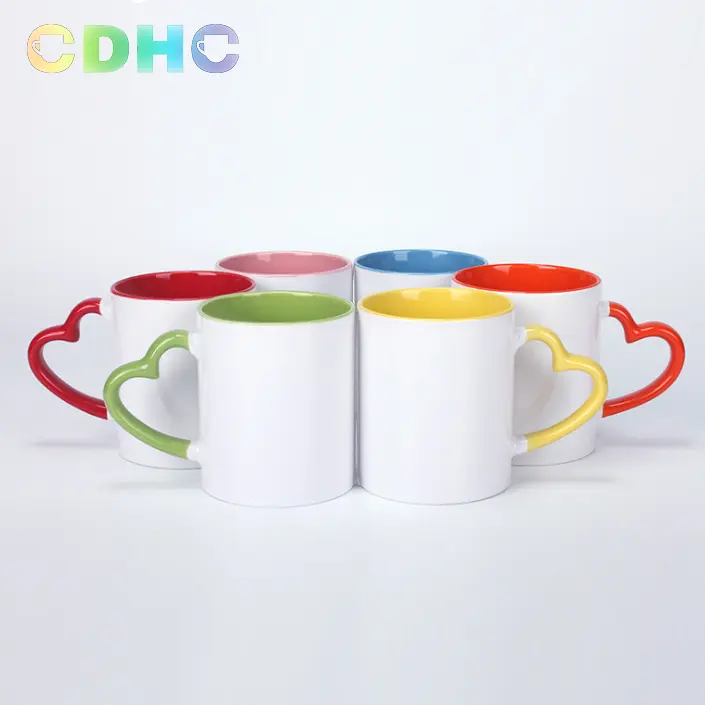 Wholesale 11oz custom mug sublimation ceramic cup DIY colorful ceramic mugs with heart handle white ceramic coffee mug